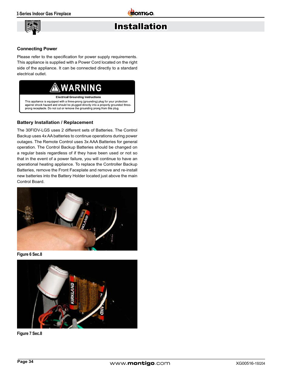 Connecting power, Battery installation / replacement, Installation | Montigo 30FID Traditional User Manual | Page 34 / 70