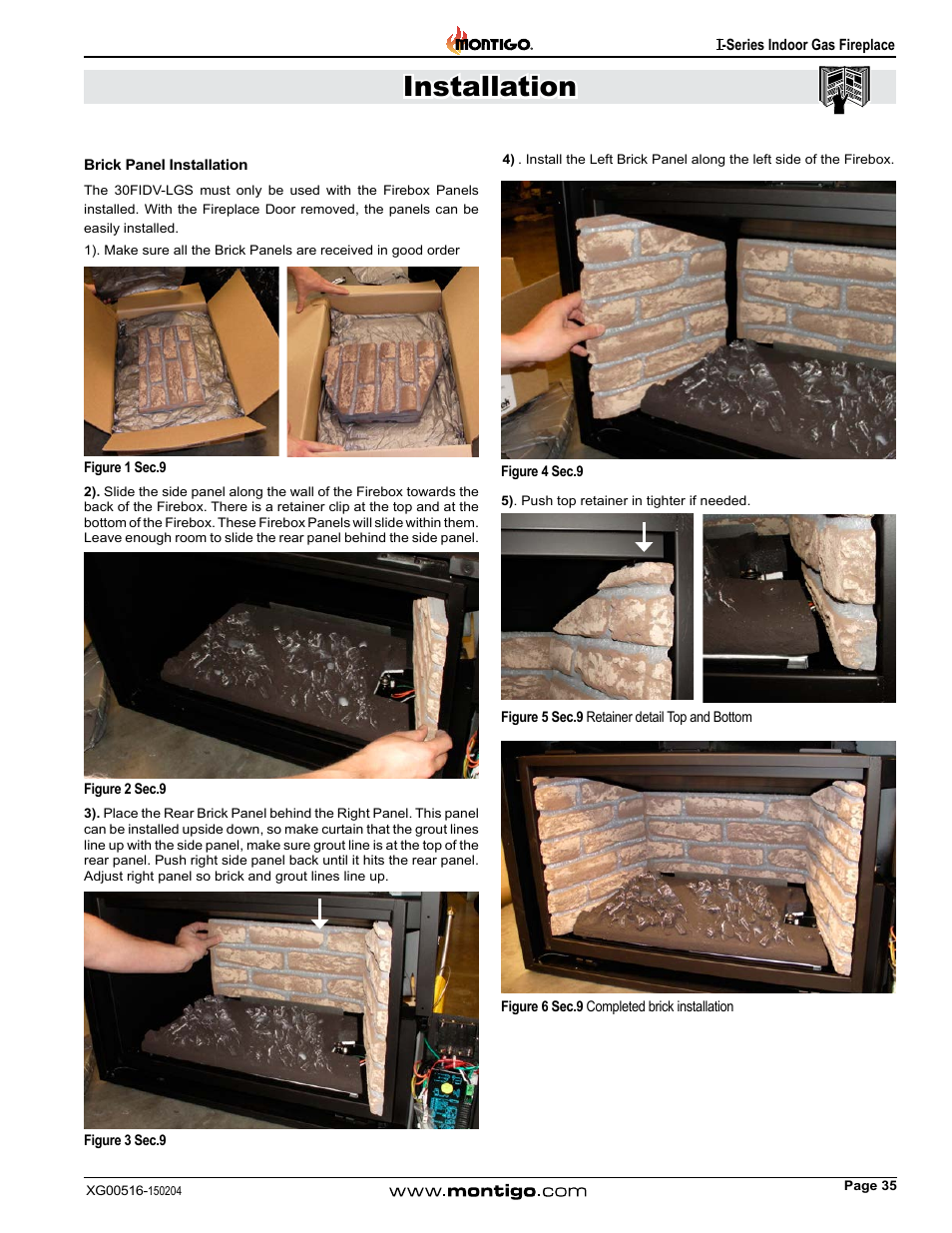 Brick panel installation, Installation | Montigo 30FID Traditional User Manual | Page 35 / 70
