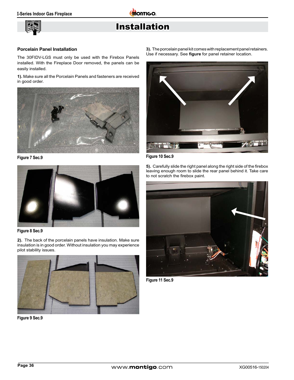 Porcelain panel installation, Installation | Montigo 30FID Traditional User Manual | Page 36 / 70