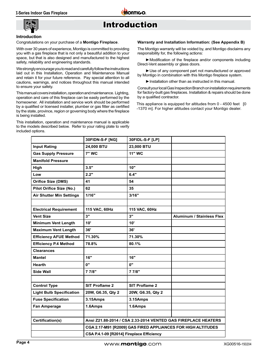 Introduction, Installation introduction | Montigo 30FID Traditional User Manual | Page 4 / 70