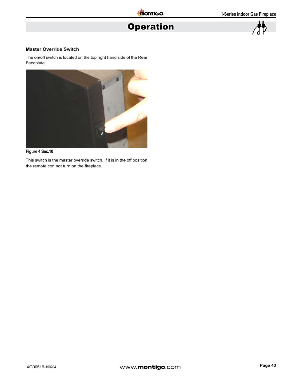 Master override switch, Operation | Montigo 30FID Traditional User Manual | Page 43 / 70