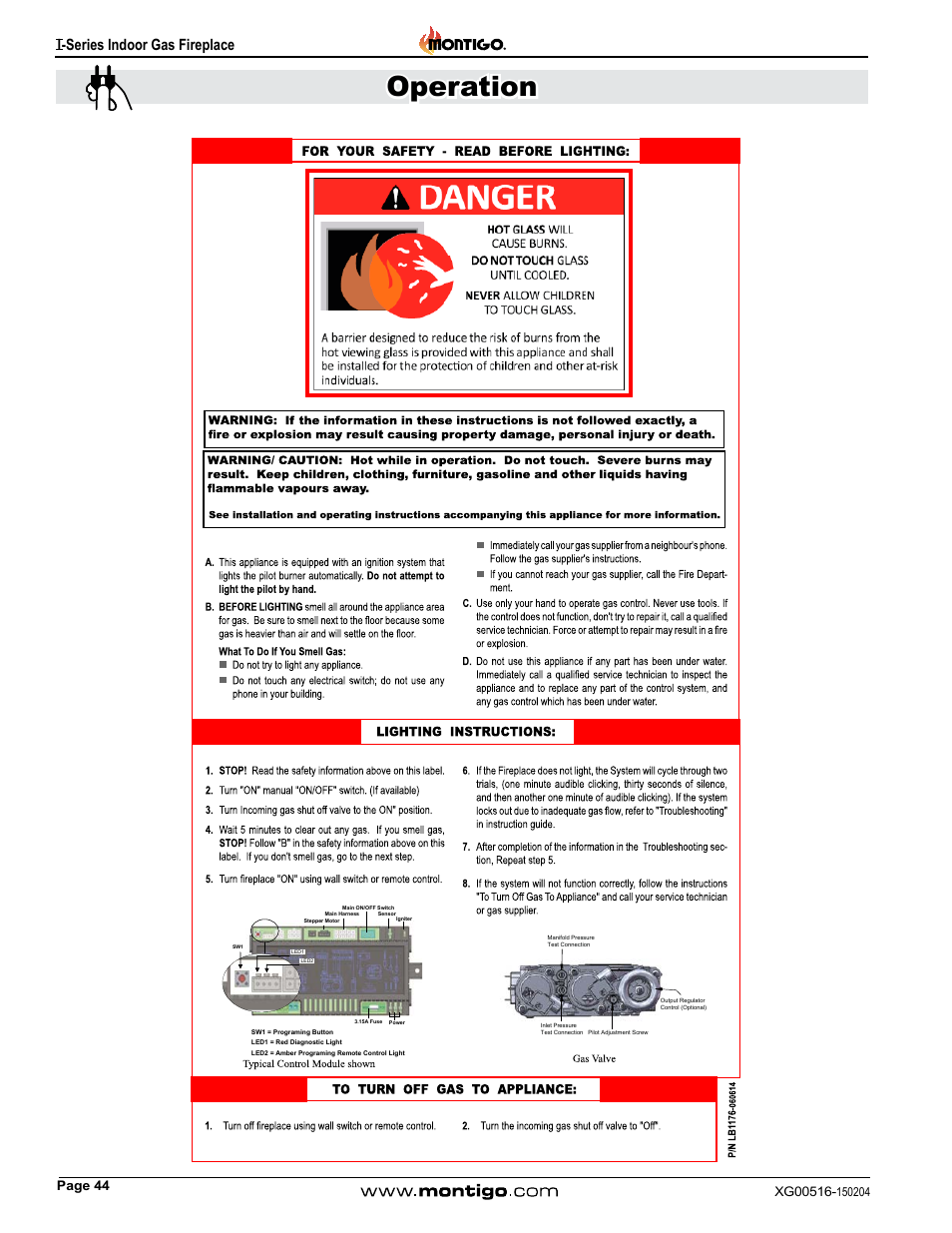 Operation, I-series indoor gas fireplace | Montigo 30FID Traditional User Manual | Page 44 / 70