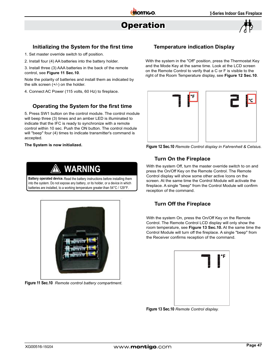 Warning, Operation | Montigo 30FID Traditional User Manual | Page 47 / 70