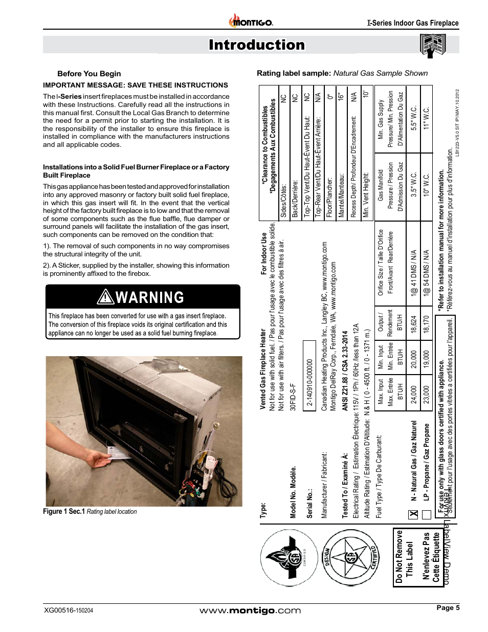 Installation, Installation introduction | Montigo 30FID Traditional User Manual | Page 5 / 70