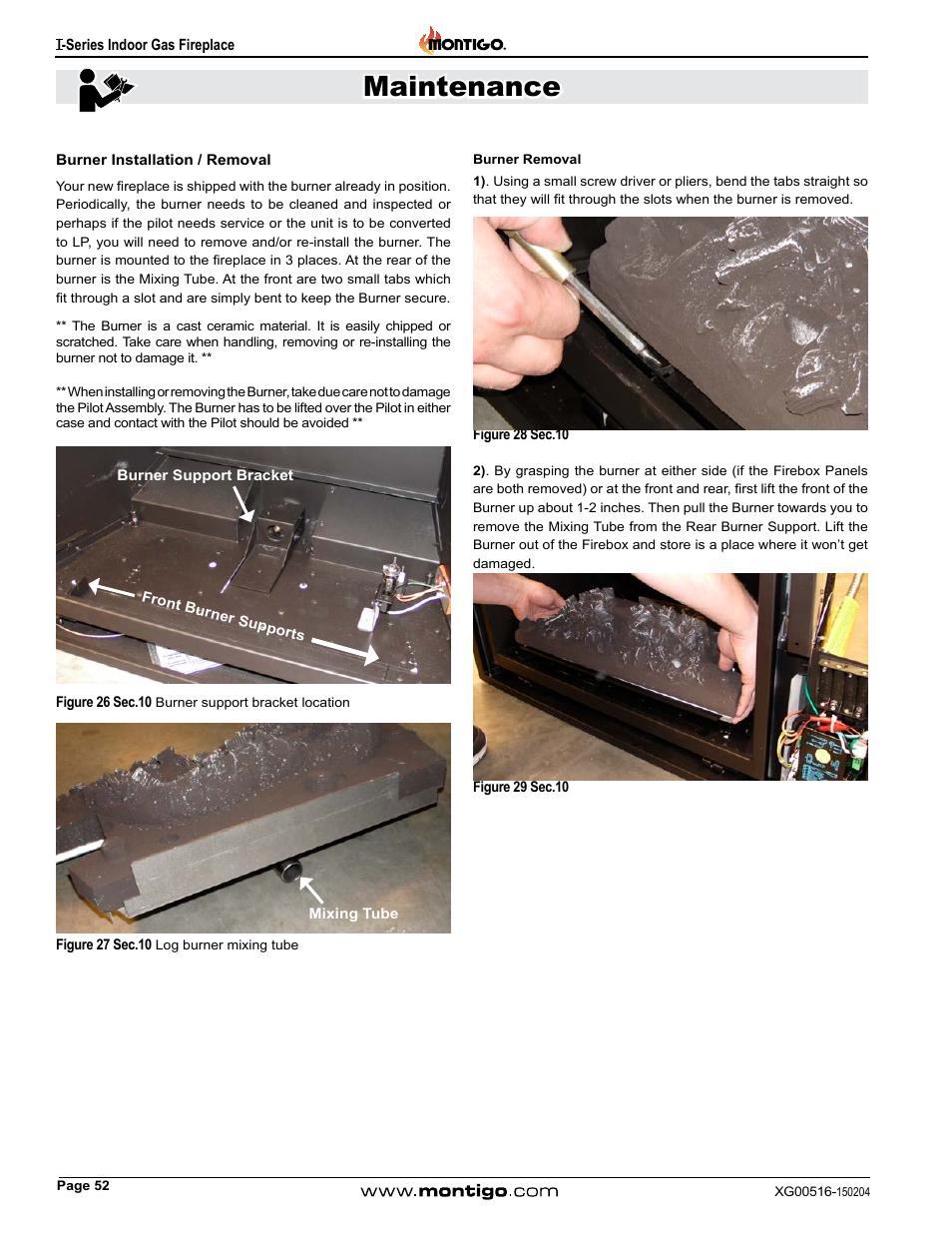 Burner installation / removal, Maintenance | Montigo 30FID Traditional User Manual | Page 52 / 70