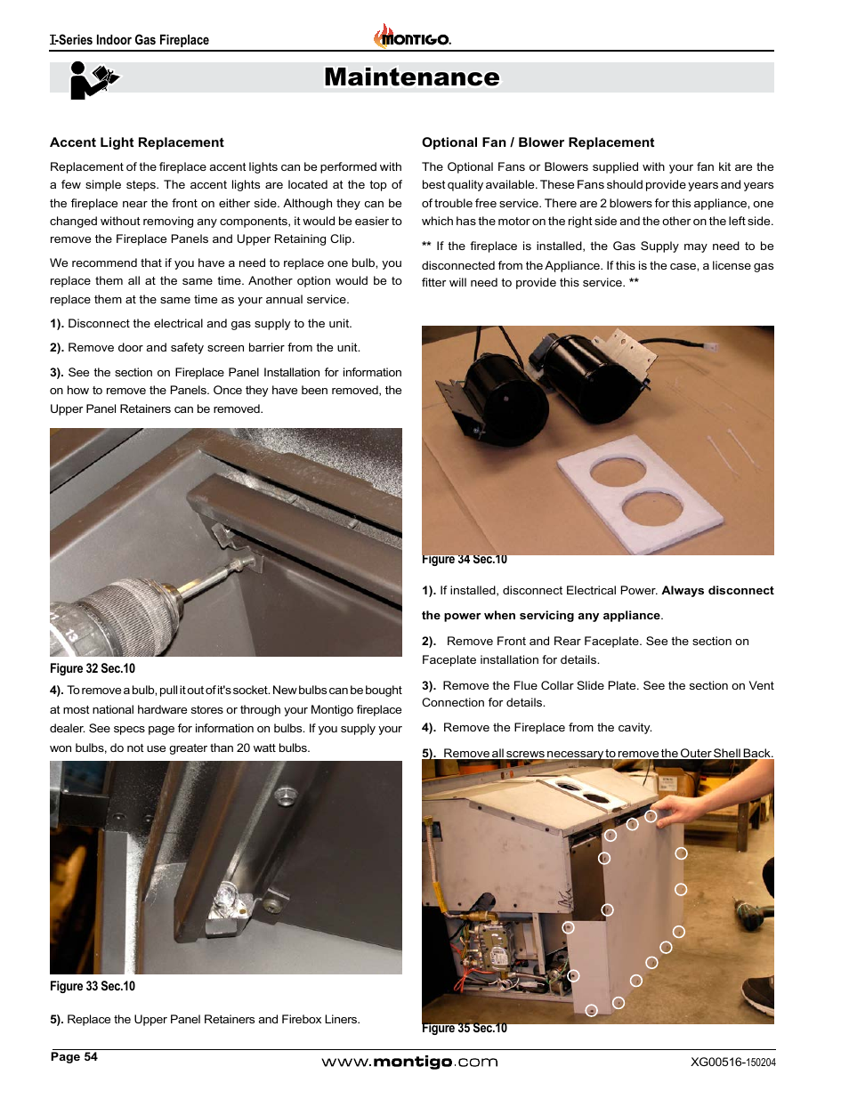 Accent light replacement, Optional fan / blower replacement, Maintenance | Montigo 30FID Traditional User Manual | Page 54 / 70