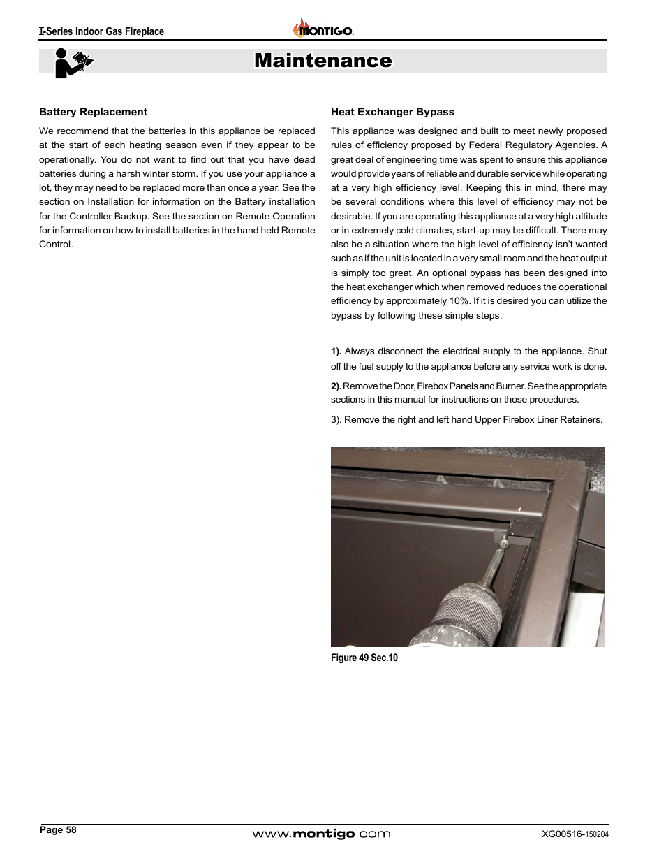 Battery replacement, Heat exchanger bypass, Maintenance | Montigo 30FID Traditional User Manual | Page 58 / 70