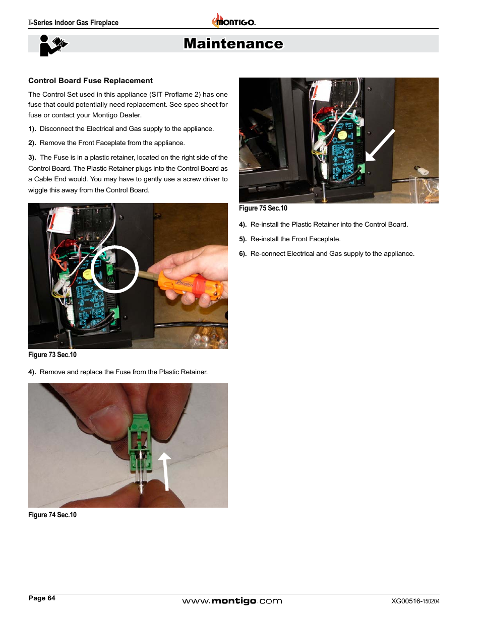 Control board fuse replacement, Maintenance | Montigo 30FID Traditional User Manual | Page 64 / 70