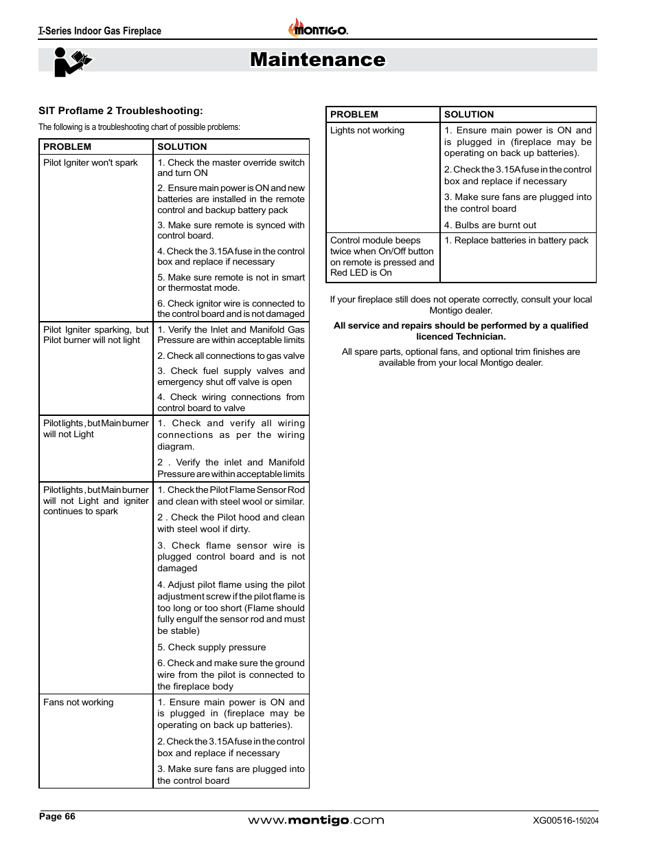 Sit proflame 2 troubleshooting, Maintenance | Montigo 30FID Traditional User Manual | Page 66 / 70