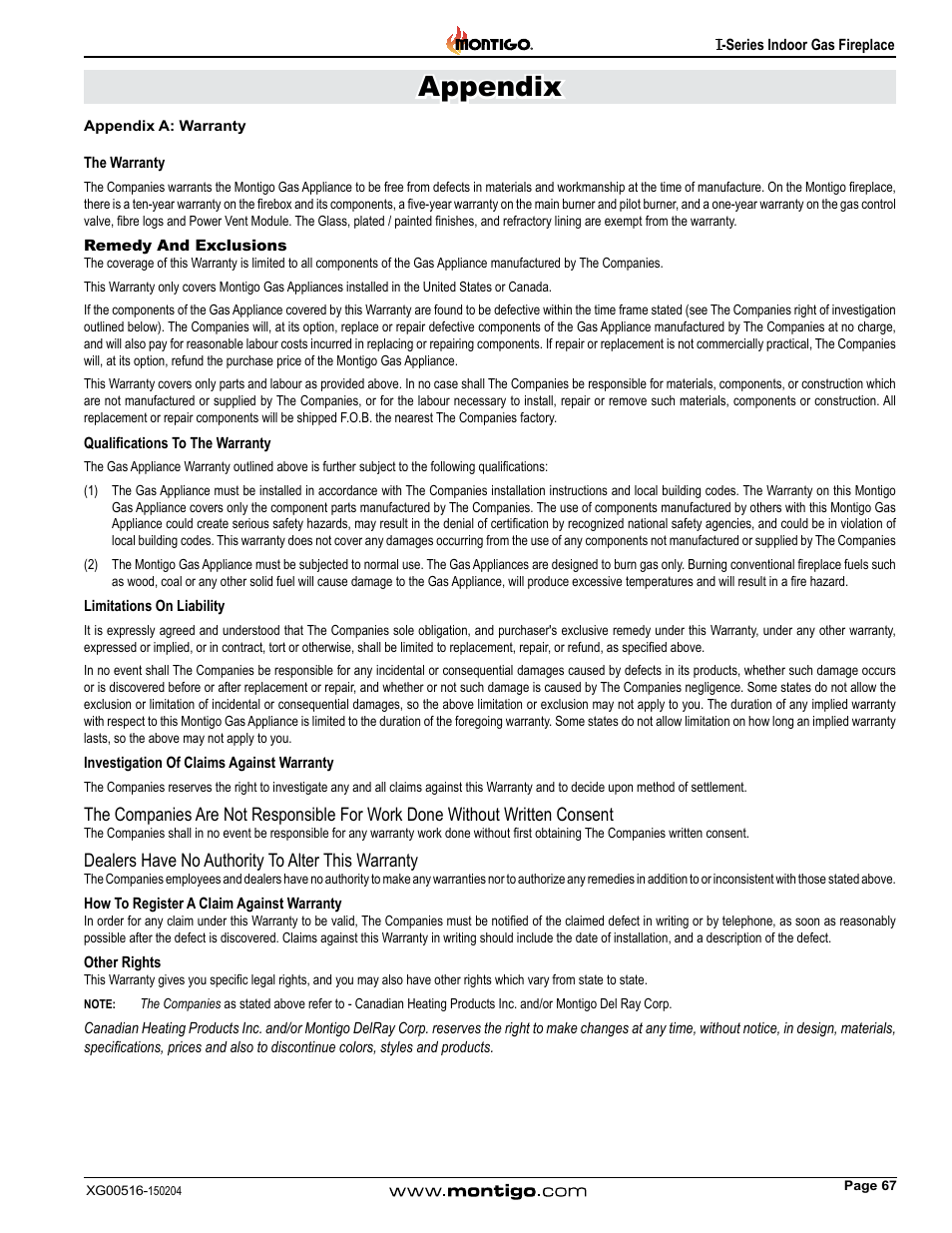 Appendix a: warranty, Appendix | Montigo 30FID Traditional User Manual | Page 67 / 70