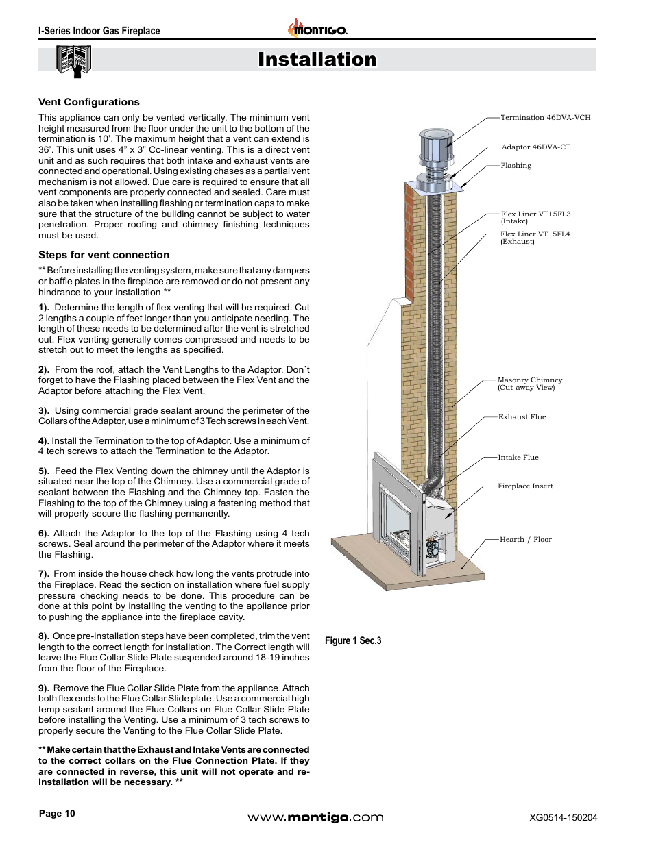 Vent configurations, Installation | Montigo 34FID - Linear User Manual | Page 10 / 64
