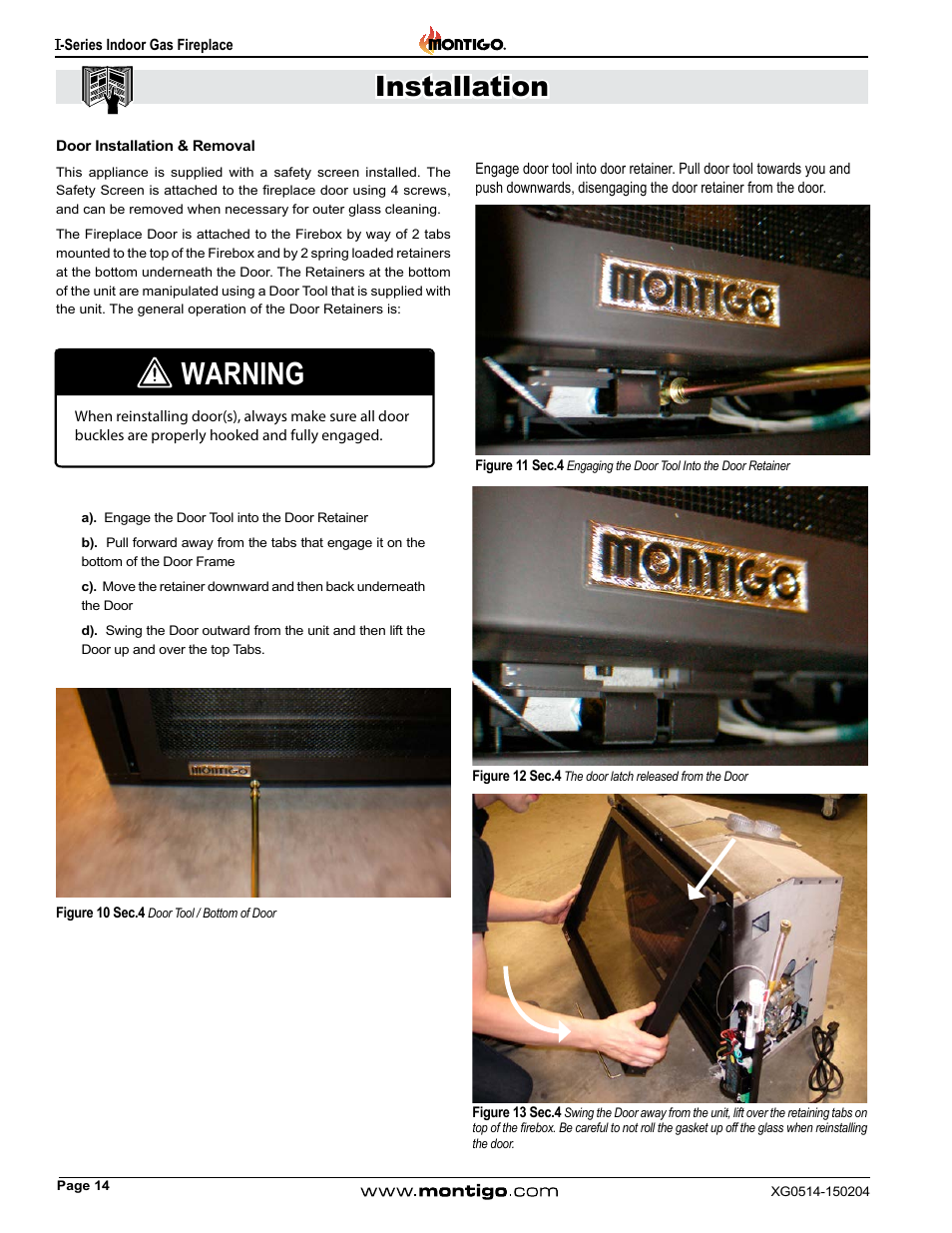 Door installation & removal, Warning, Installation | Montigo 34FID - Linear User Manual | Page 14 / 64