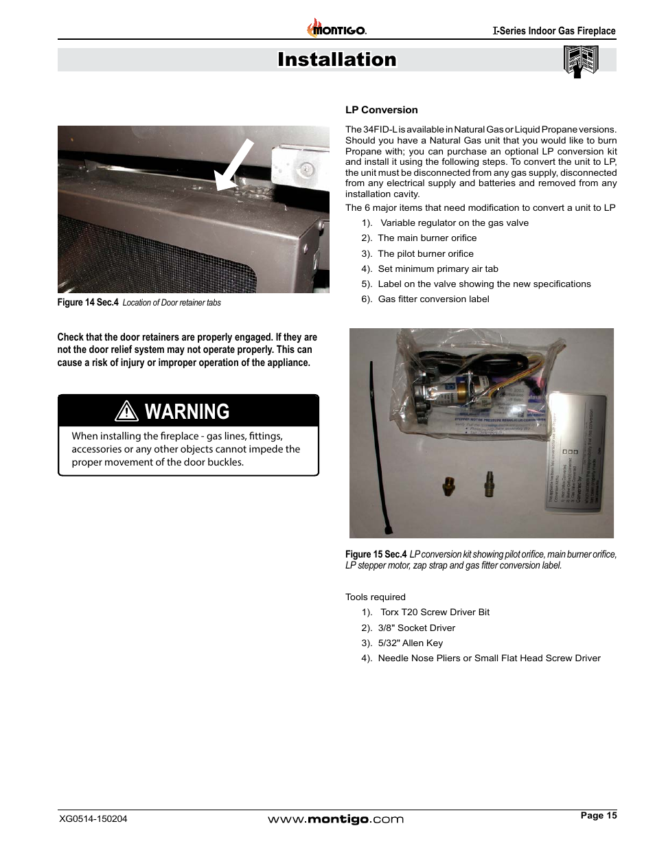 Lp conversion, Warning, Installation | Montigo 34FID - Linear User Manual | Page 15 / 64