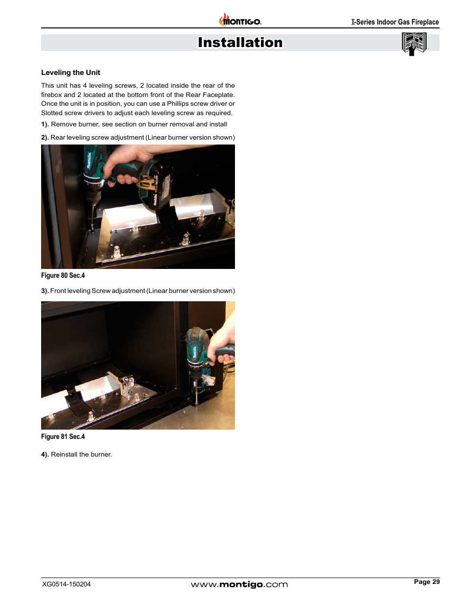Leveling the unit, Installation | Montigo 34FID - Linear User Manual | Page 29 / 64
