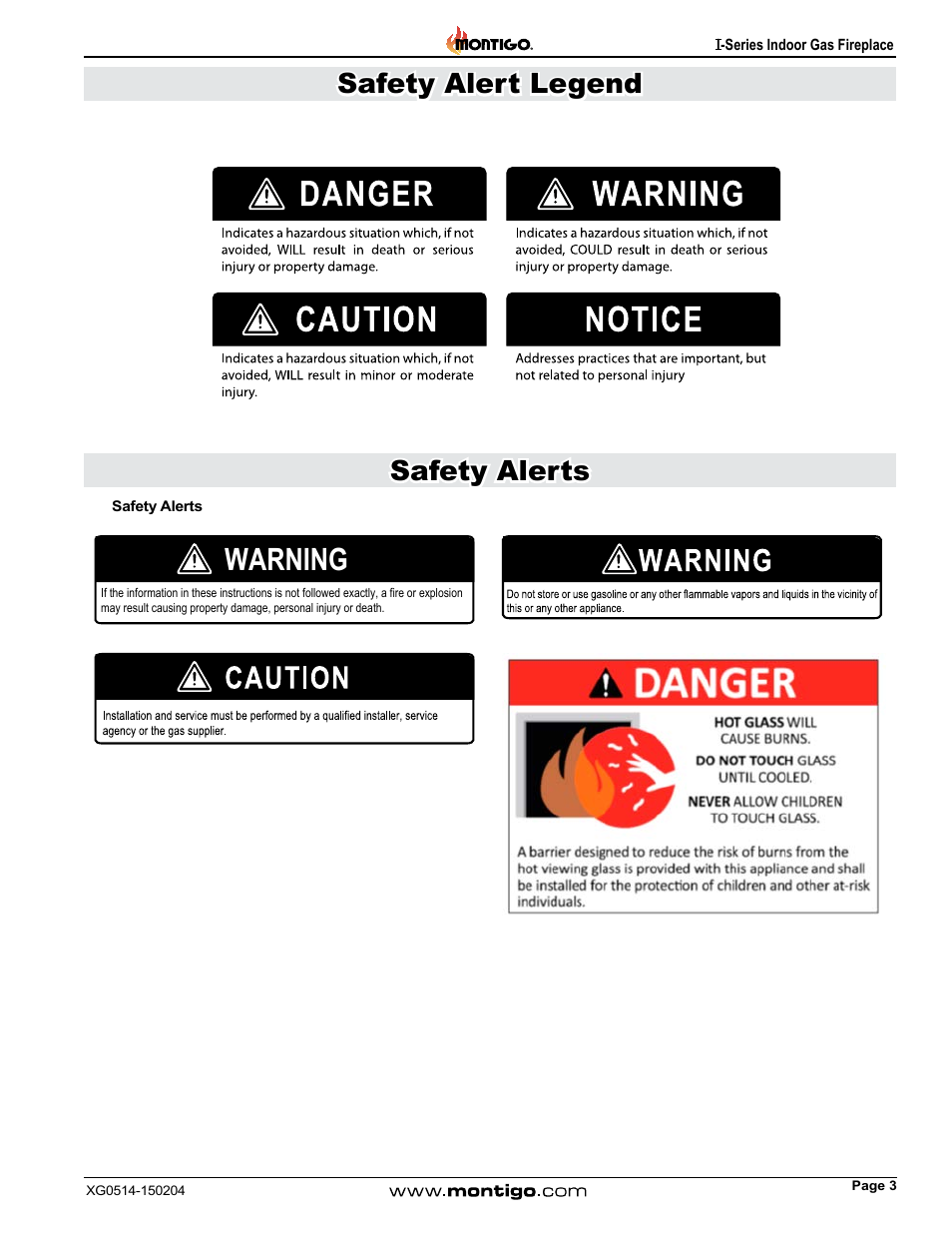 Safety alerts, Warning, Safety alert legend safety alerts | Montigo 34FID - Linear User Manual | Page 3 / 64