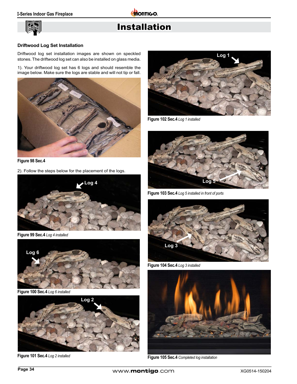 Driftwood log set installation, Installation | Montigo 34FID - Linear User Manual | Page 34 / 64