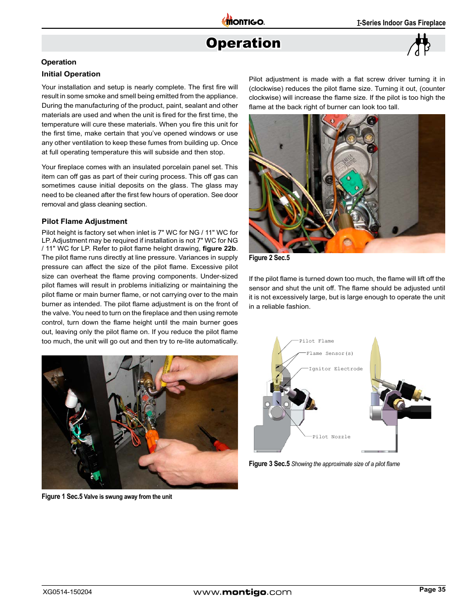 Operation, Initial operation, Pilot flame adjustment | Montigo 34FID - Linear User Manual | Page 35 / 64