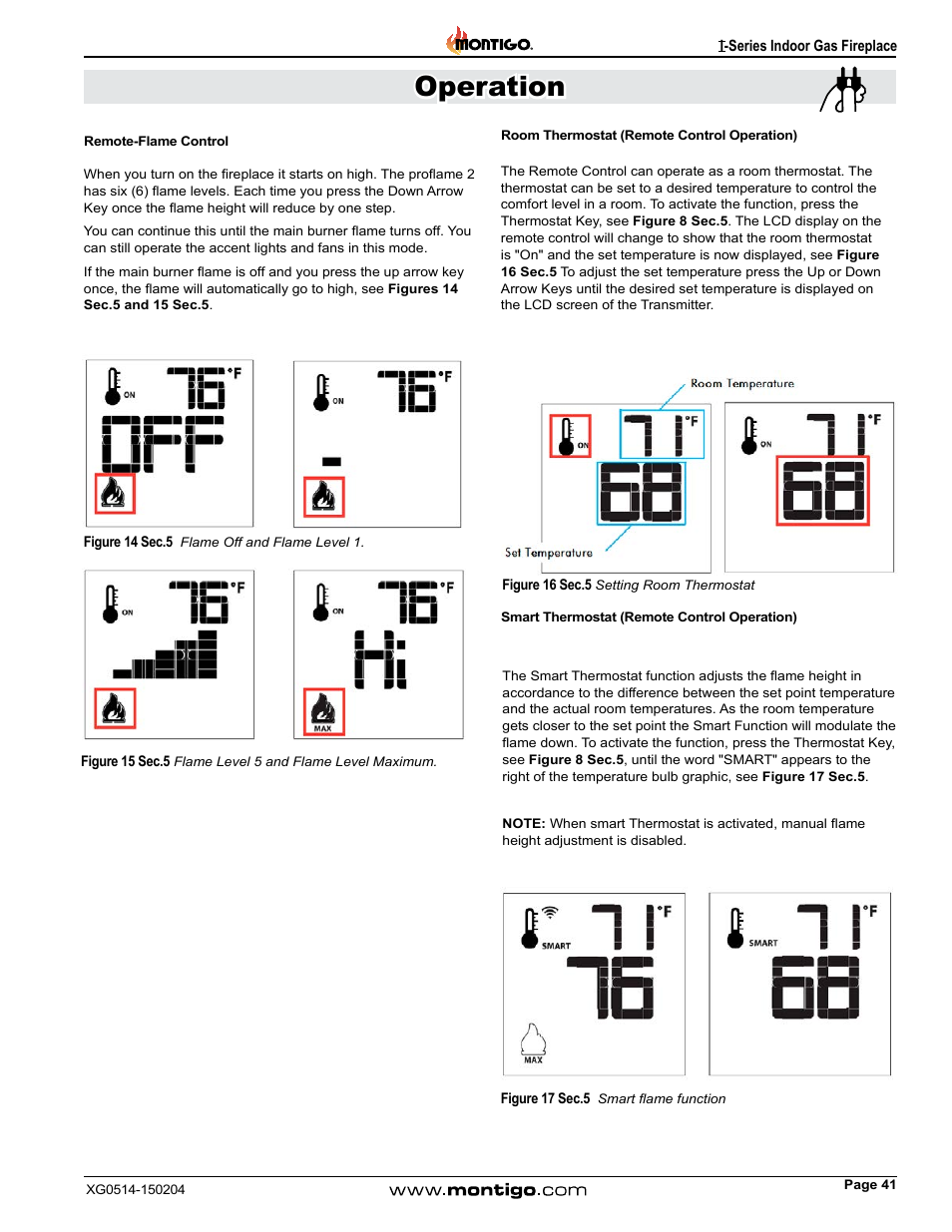 Remote-flame control, Room thermostat (remote control operation), Smart thermostat (remote control operation) | Operation | Montigo 34FID - Linear User Manual | Page 41 / 64