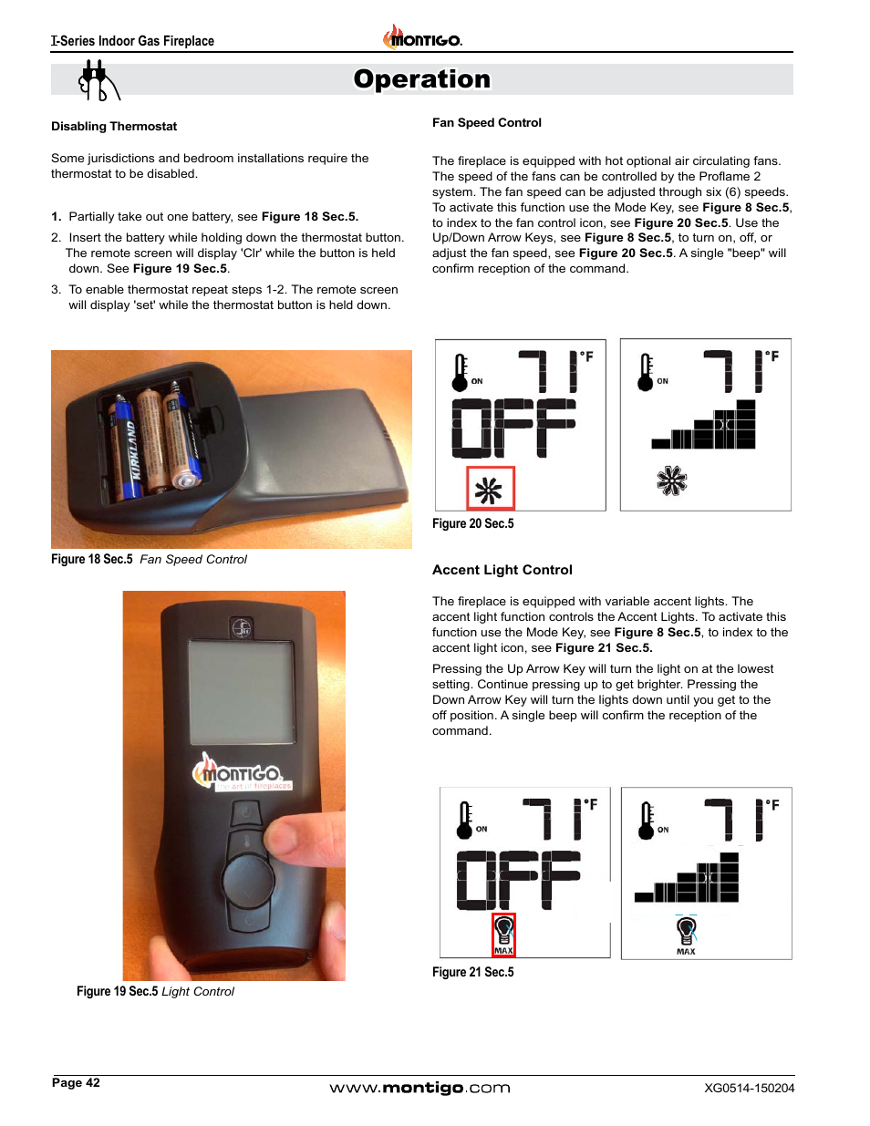 Disabling thermostat, Fan speed control, Accent light control | Operation | Montigo 34FID - Linear User Manual | Page 42 / 64