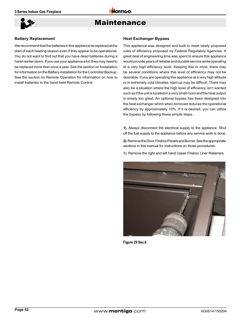 Battery replacement, Maintenance | Montigo 34FID - Linear User Manual | Page 52 / 64