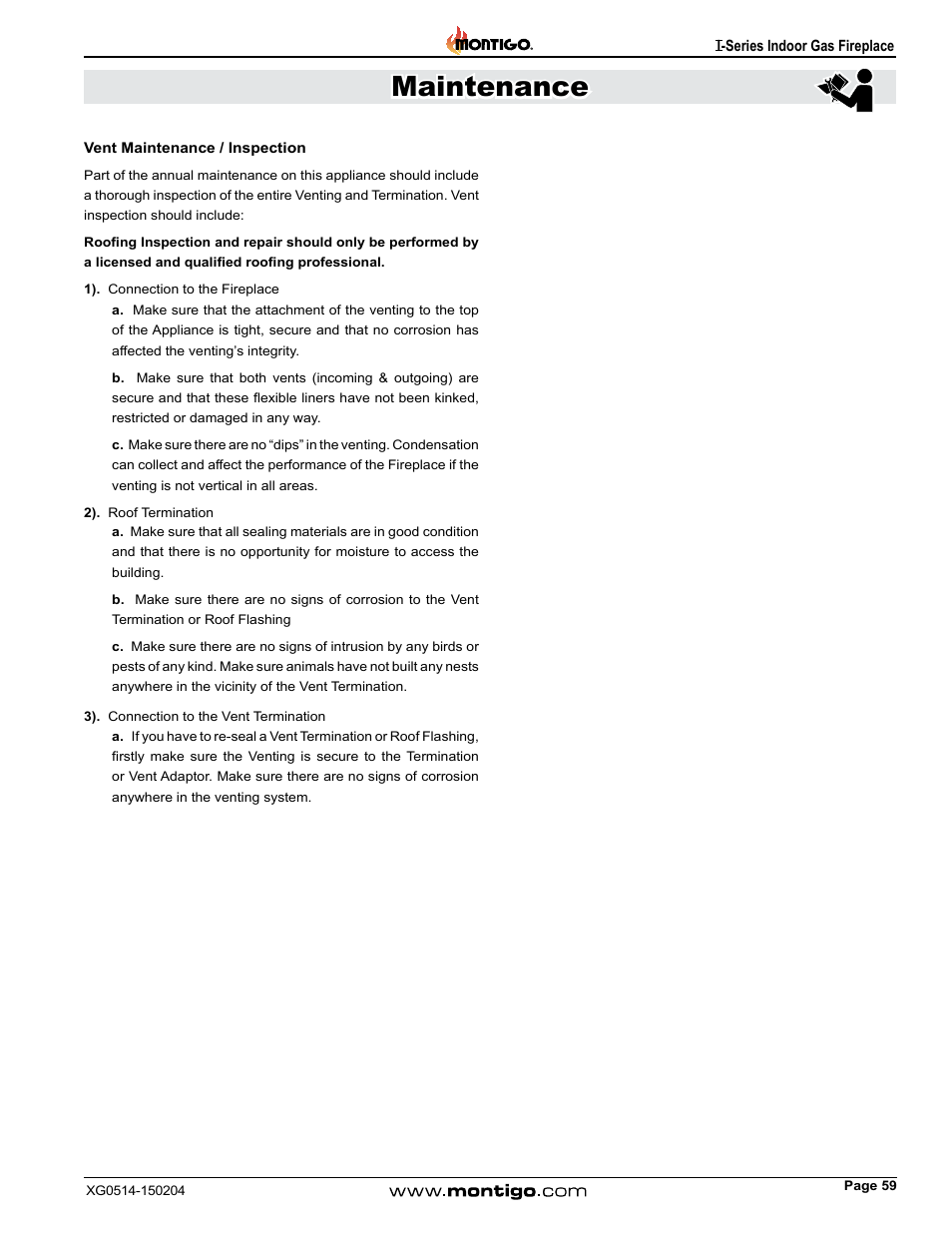 Vent maintenance / inspection, Maintenance | Montigo 34FID - Linear User Manual | Page 59 / 64