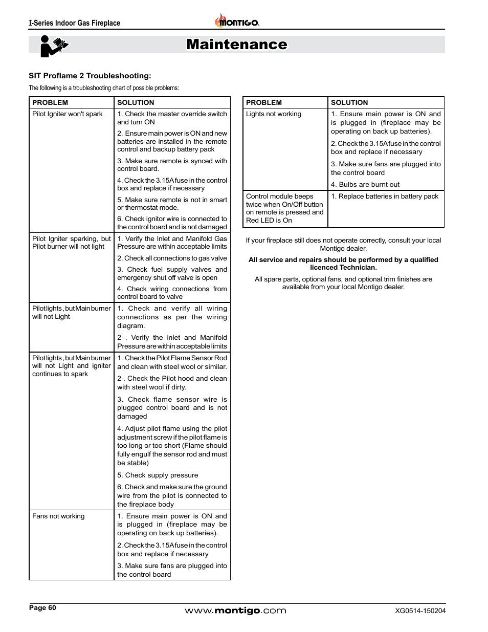 Sit proflame 2 troubleshooting, Maintenance | Montigo 34FID - Linear User Manual | Page 60 / 64