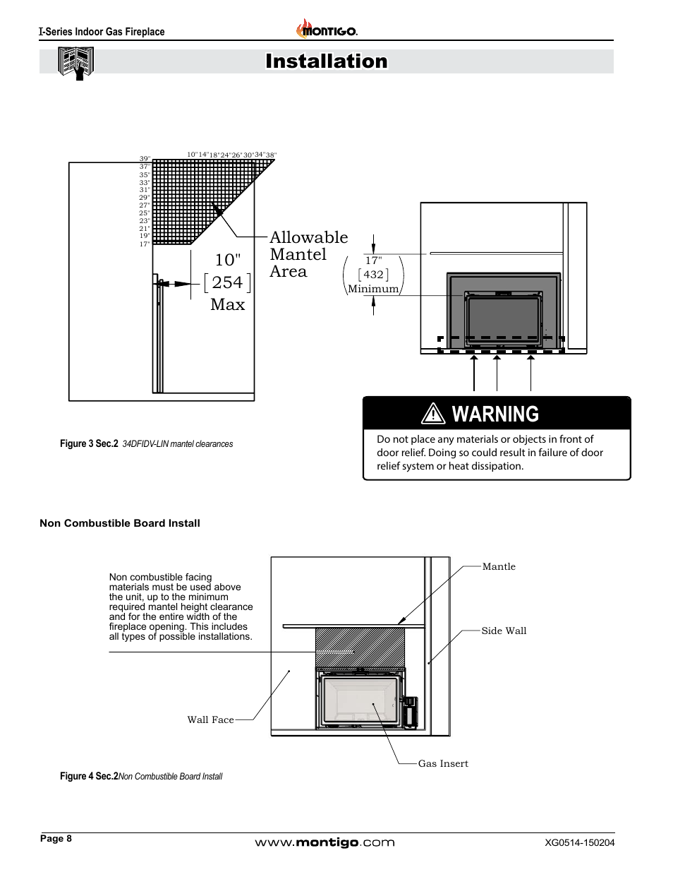 Clearances, Non combustible board install, Warning | Installation | Montigo 34FID - Linear User Manual | Page 8 / 64