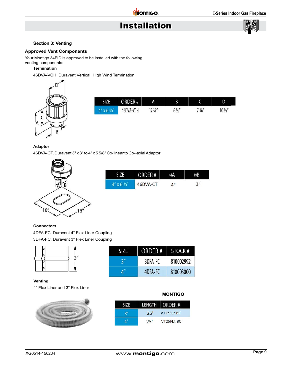 Approved vent components, Section 3: venting, Installation | Montigo 34FID - Linear User Manual | Page 9 / 64