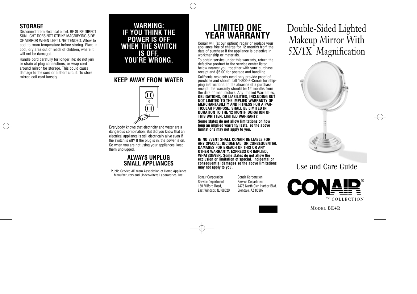 Limited one year warranty, Use and care guide | Conair BE4R User Manual | Page 2 / 2