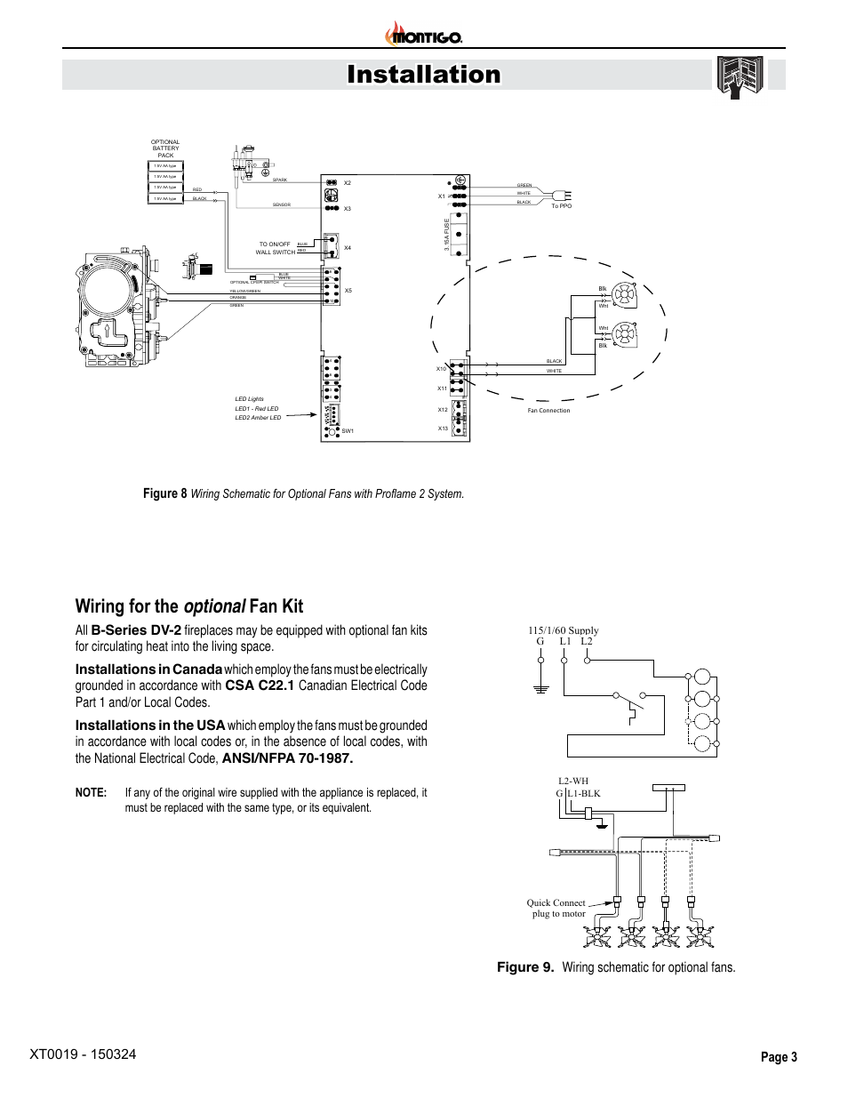 Installation, Wiring for the optional fan kit, Figure 8 | Figure 9. wiring schematic for optional fans | Montigo RFK3002R User Manual | Page 3 / 4
