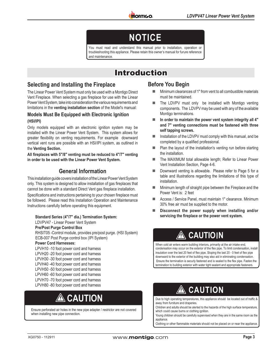 Notice, Caution, Cautio n | Introduction, General information, Selecting and installing the fireplace, Before you begin | Montigo LDVPV47 User Manual | Page 3 / 16