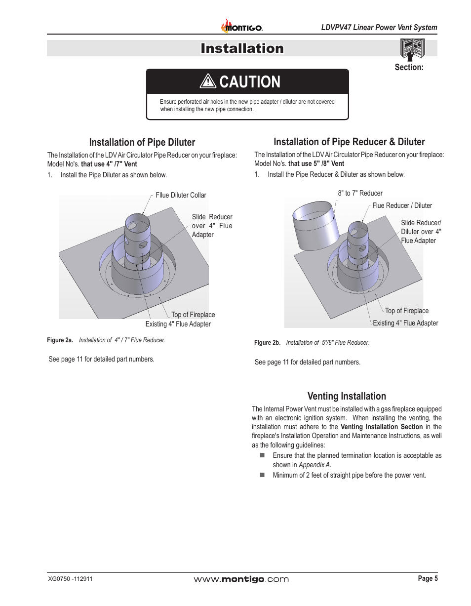 Caution, Installation, Installation of pipe diluter | Venting installation, Installation of pipe reducer & diluter | Montigo LDVPV47 User Manual | Page 5 / 16