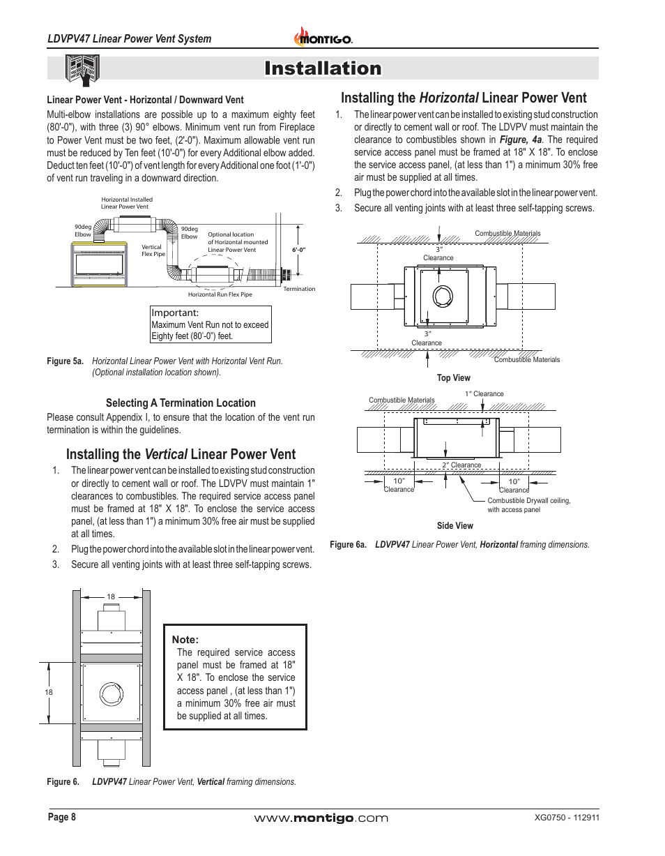 Installation, Installing the vertical linear power vent, Installing the horizontal linear power vent | Montigo LDVPV47 User Manual | Page 8 / 16