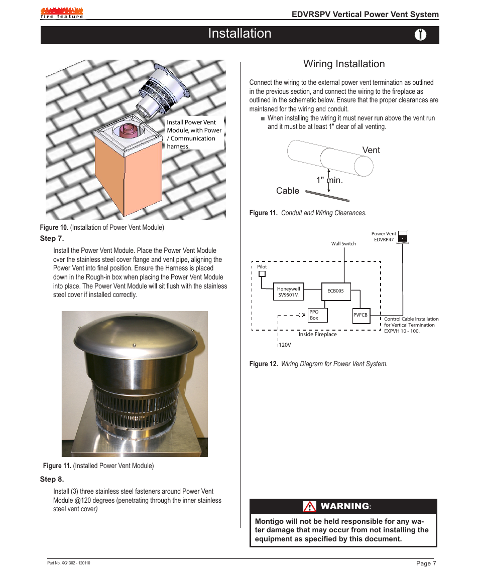 Installation, Wiring installation, Warning | 1" min. vent cable | Montigo EDVRSPV47 User Manual | Page 7 / 12