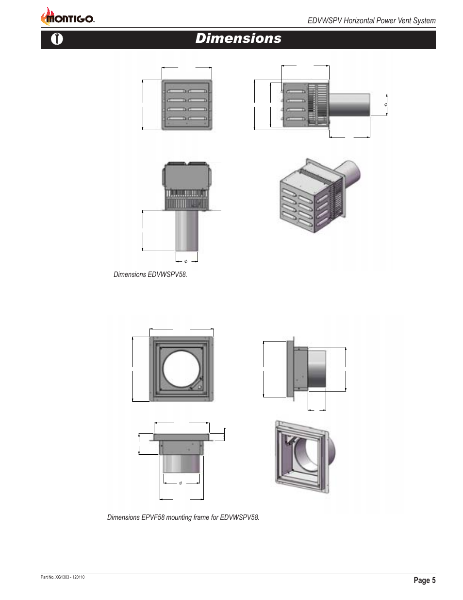 Dimensions, Page 5 edvwspv horizontal power vent system | Montigo EDVWSPV47 User Manual | Page 5 / 16