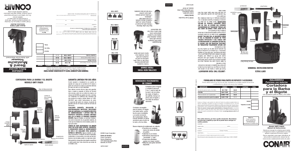 Beard & mustache, Cortadora para la barba y el bigote, T rimmer | Lim ite d t wo yea r w arr ant y, Gmt170qcs beard/mustache trimmer, Novedades fascinantes de conair, Co rd le ss bat te ry- op era te d, Inalámbrica funciona con baterías, With nose & ear attachment | Conair GMT170QCS User Manual | Page 2 / 2
