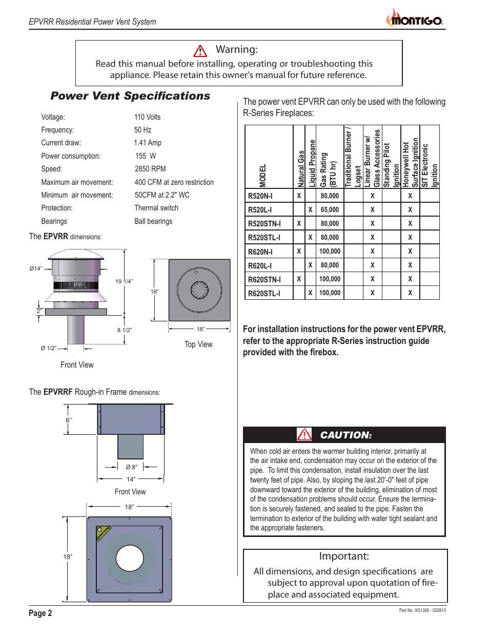 Warning, Important, Power vent specifications | Montigo EPVRR User Manual | Page 2 / 6