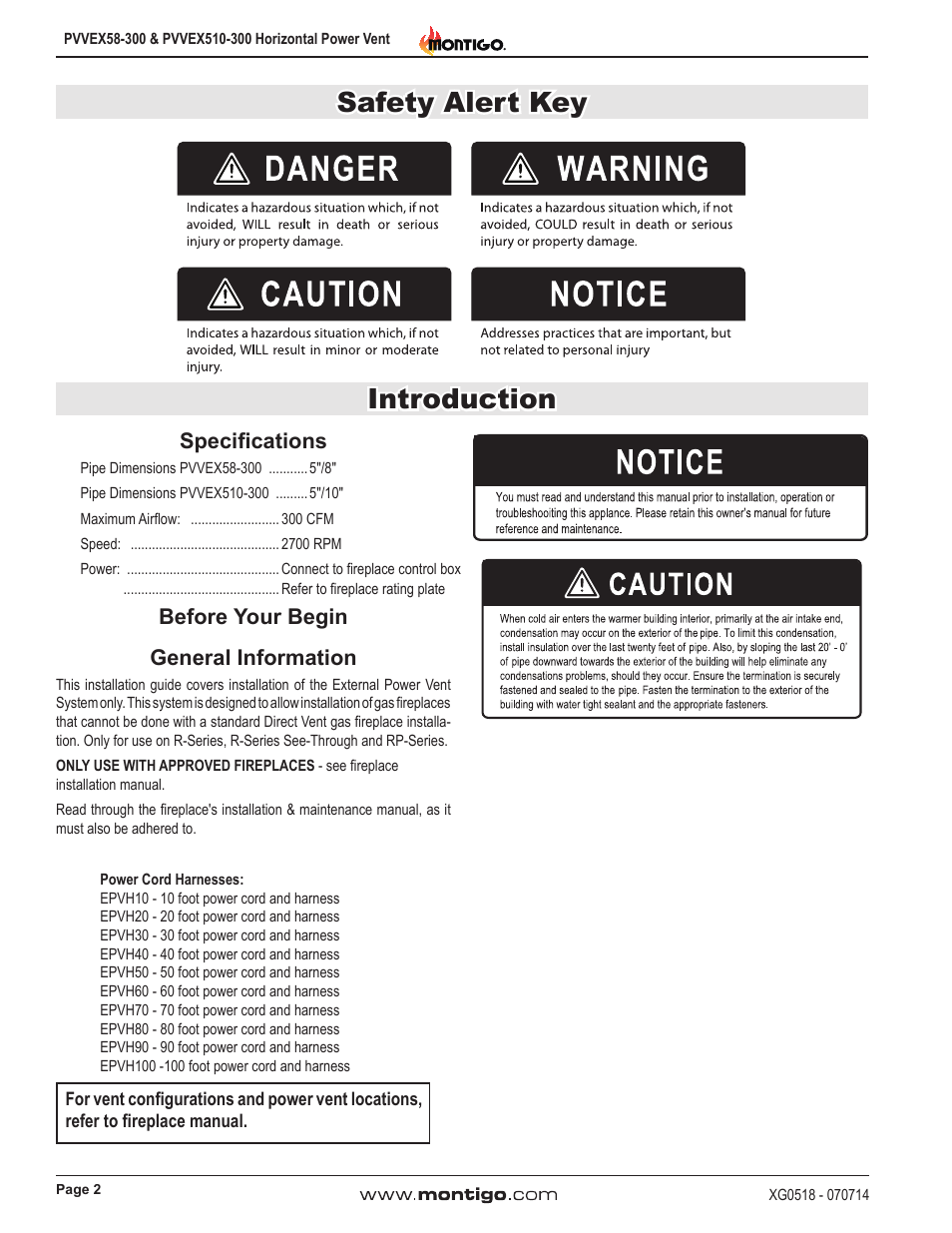 Introduction, Safety alert key, General information | Specifications before your begin | Montigo PVVEX58-300 User Manual | Page 2 / 20