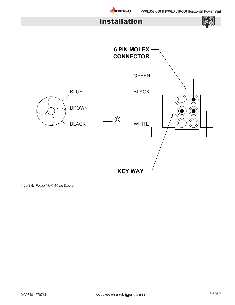 Power vent wiring, Installation | Montigo PVVEX58-300 User Manual | Page 9 / 20