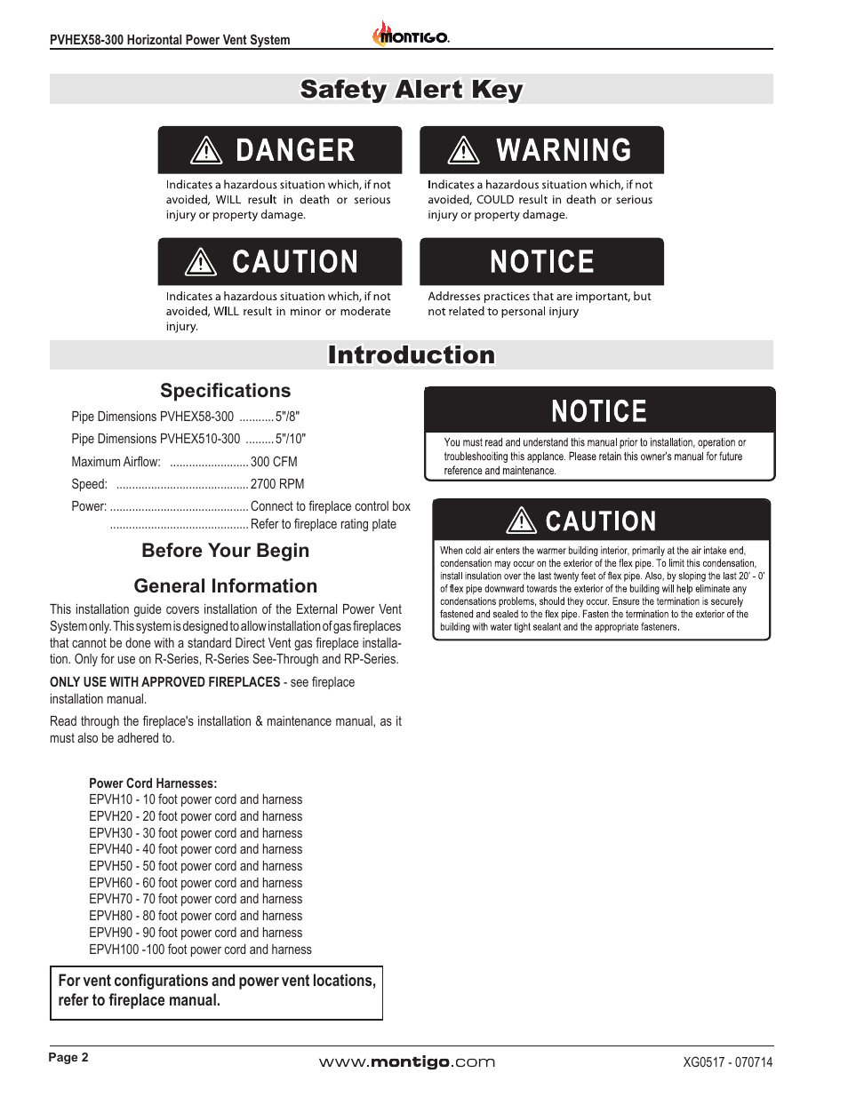 Introduction, Safety alert key, Specifications | General information, Before your begin | Montigo PVHEX58-300 User Manual | Page 2 / 20