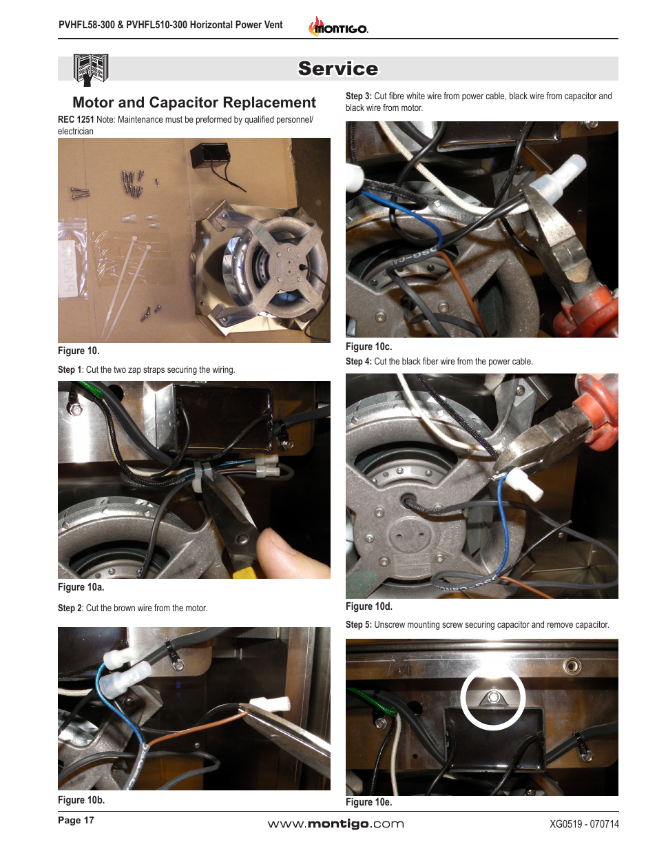 Service, Motor and capacitor replacement | Montigo PVHFL58-300 User Manual | Page 17 / 22