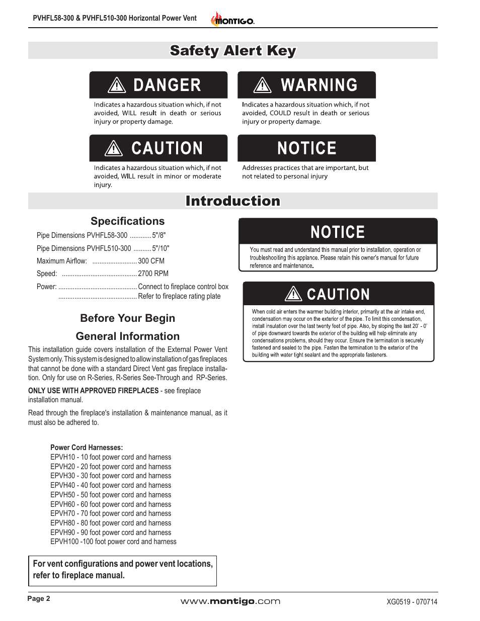 Introduction, Safety alert key, Specifications general information | Before your begin | Montigo PVHFL58-300 User Manual | Page 2 / 22