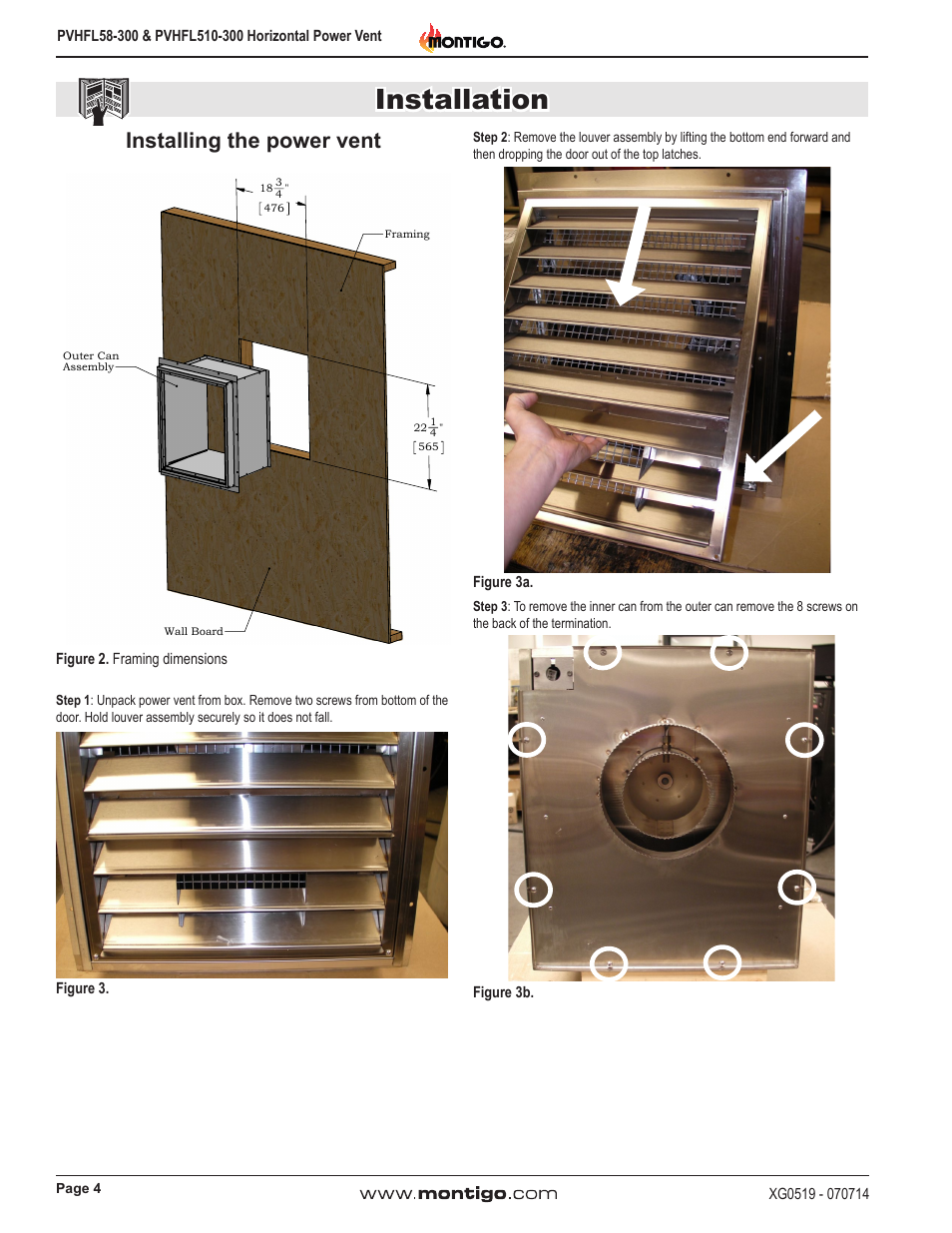 Installation, Installing the power vent | Montigo PVHFL58-300 User Manual | Page 4 / 22