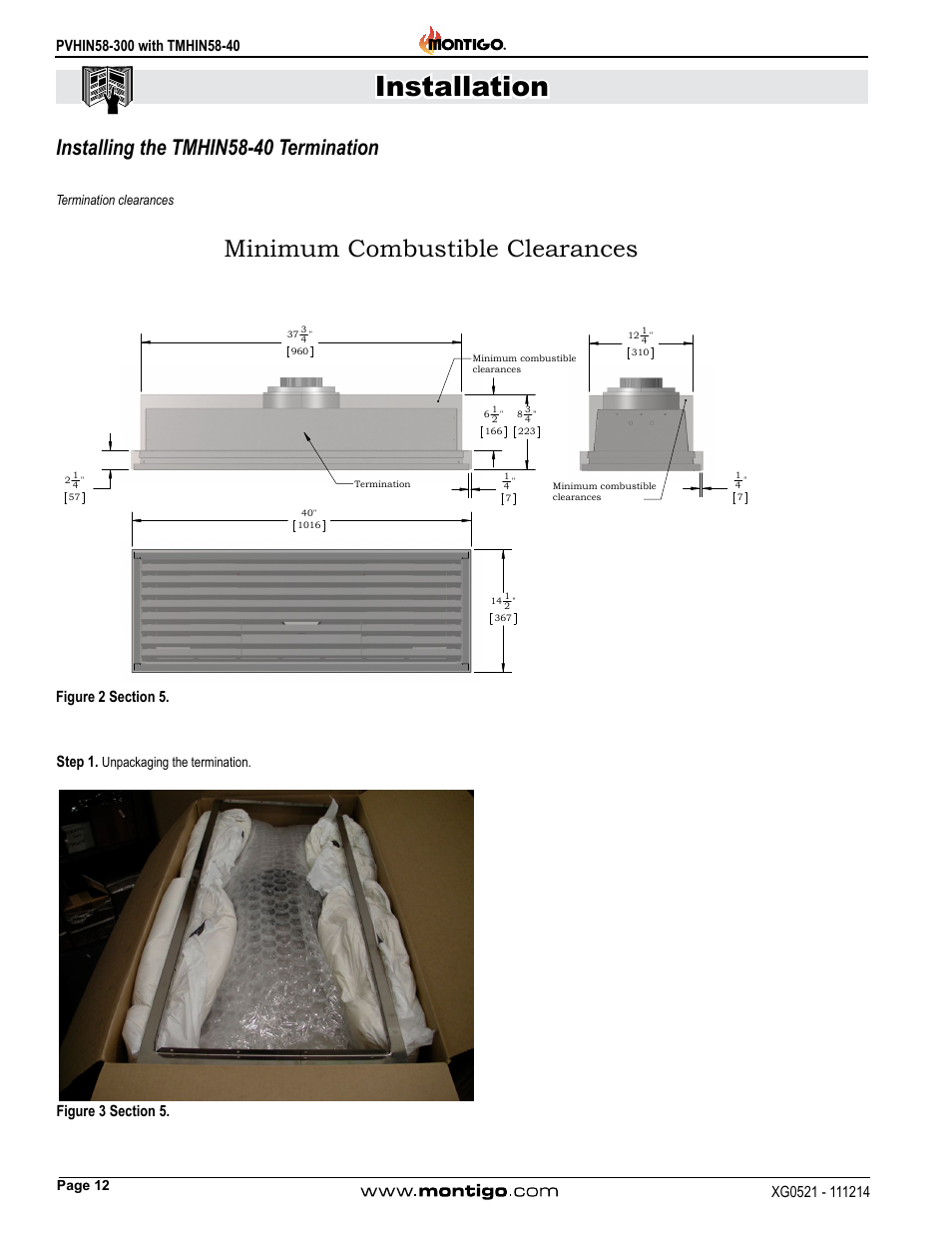 Installing the tmhin58-40 termination, Termination clearances, Installation | Minimum combustible clearances, Step 1 | Montigo PVHIN58-300 User Manual | Page 12 / 26