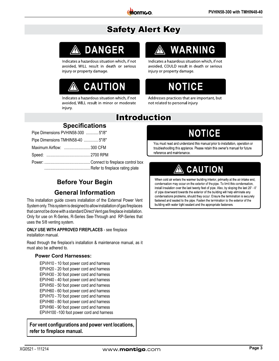 Specifications, Before your begin, General information | Power cord harnesses, Introduction, Safety alert key, Specifications general information | Montigo PVHIN58-300 User Manual | Page 3 / 26