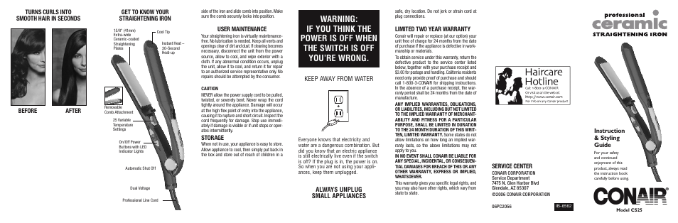 User maintenance, Storage, Limited two year warranty | Service center, Keep away from water, Always unplug small appliances, Instruction & styling guide | Conair CS25 User Manual | Page 2 / 2