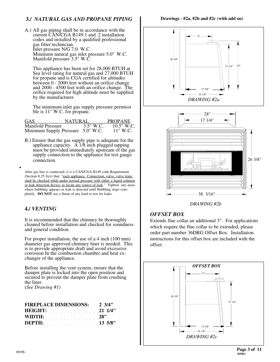 / natural gas and propane piping, / venting, Offset box | Montigo 36DRG User Manual | Page 3 / 11