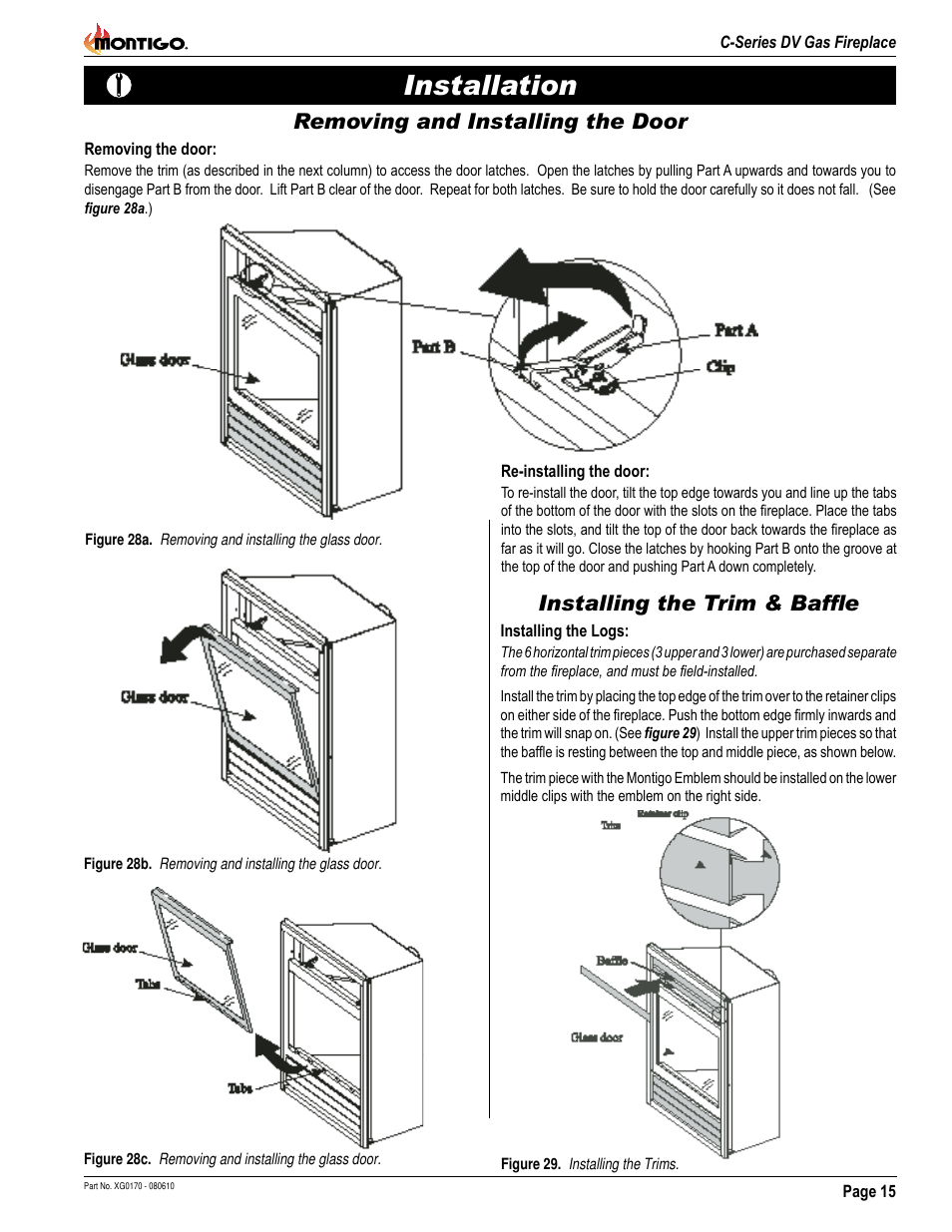 Installation, Removing and installing the door, Installing the trim & baffle | Montigo C34DV User Manual | Page 15 / 28