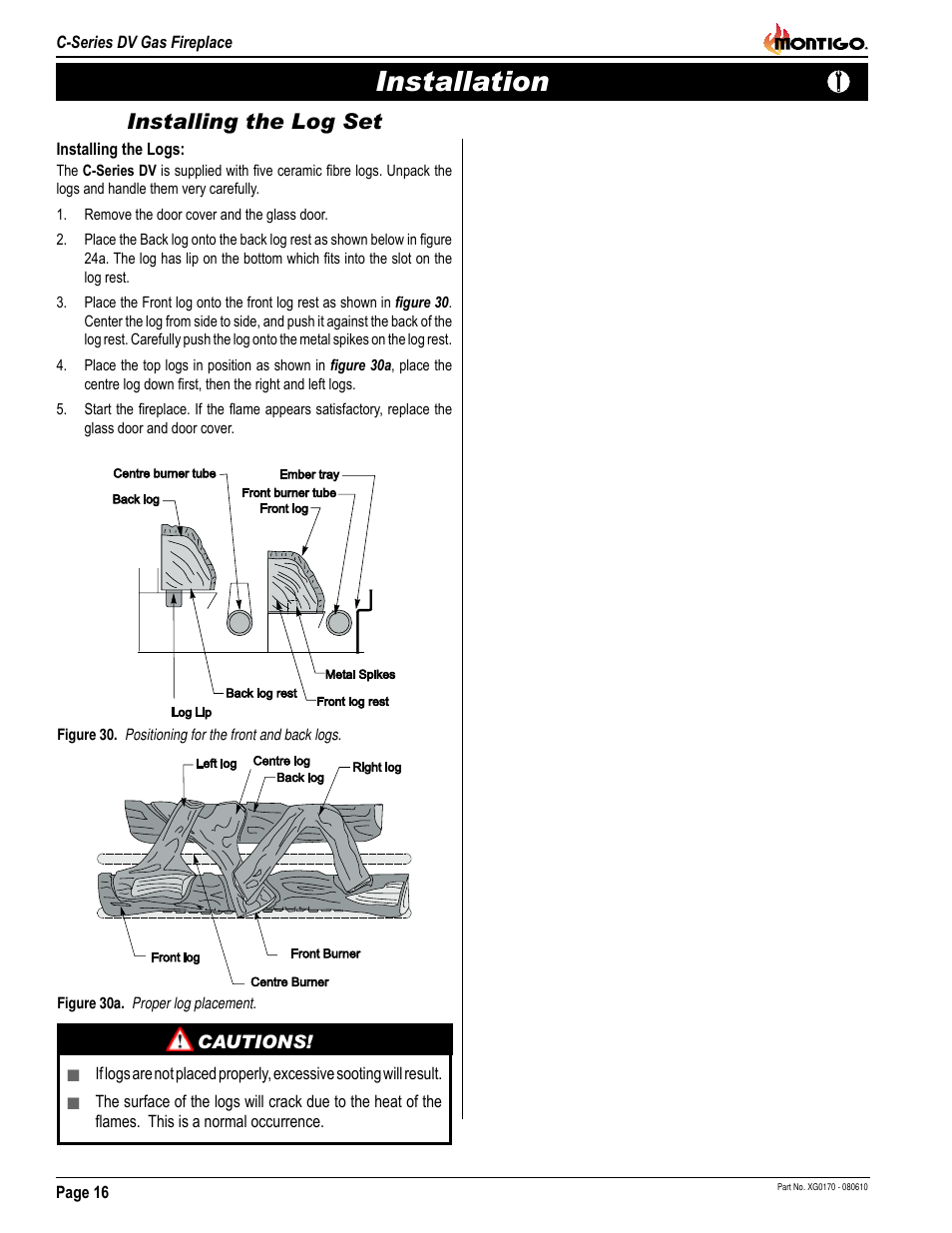 Installation, Installing the log set | Montigo C34DV User Manual | Page 16 / 28