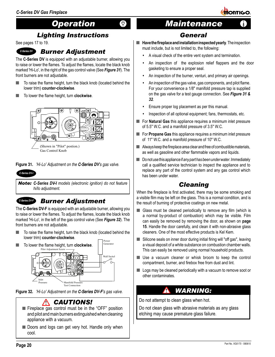 Maintenance operation, Burner adjustment, Warning | Cautions, General, Lighting instructions, Cleaning | Montigo C34DV User Manual | Page 20 / 28